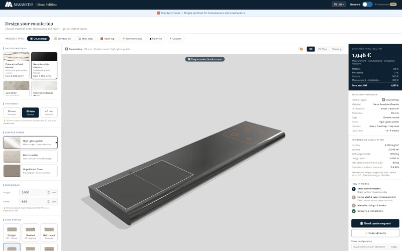 Maxameter 3D-produktkonfigurator — kundvy med realtidspris