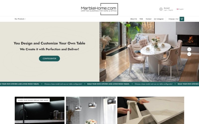 Marble Home — produktkonfigurator och webbutik